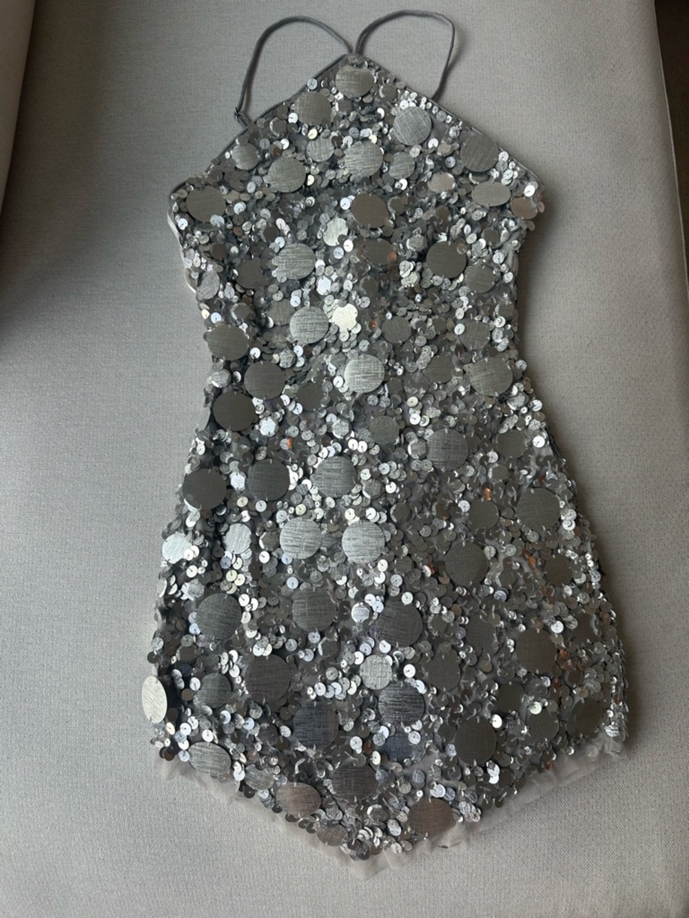 Lovers + Friends Silver Sequin Halter Mini with Disk Embellishments